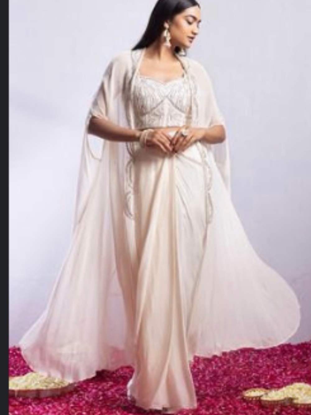 Off White Embellished Jacket Set With Sequin Embellished Blouse And skirt